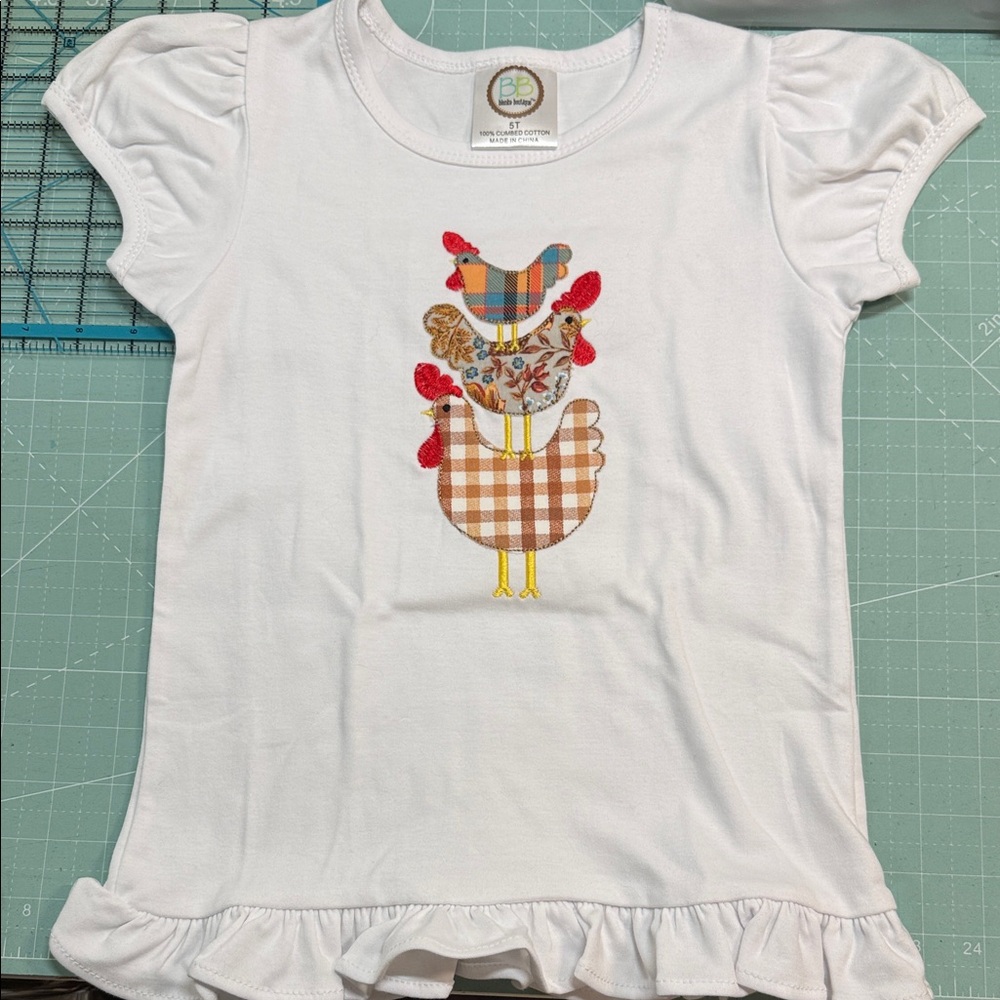 White Girls Ruffle Hem Shirt with Stacked Chicken Appliqué Embroidered